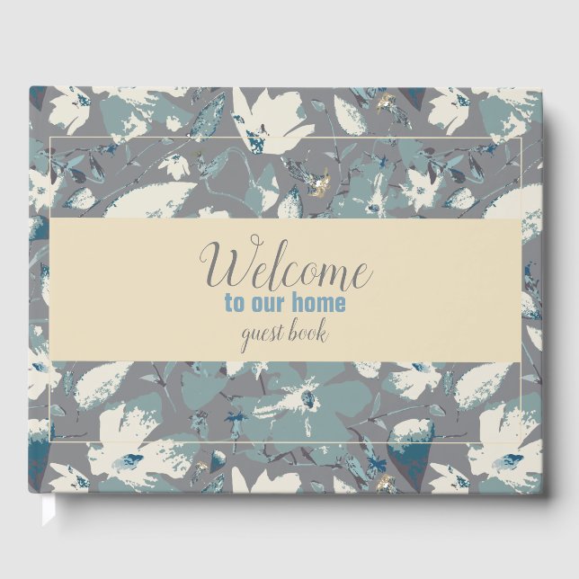 Simple Blue Gray Cream Floral Welcome Guest Book (Front)