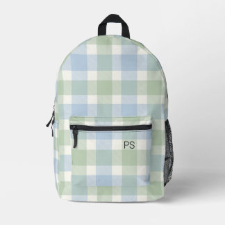 Simple Blue Green Check Plaid Monogram Initials Printed Backpack