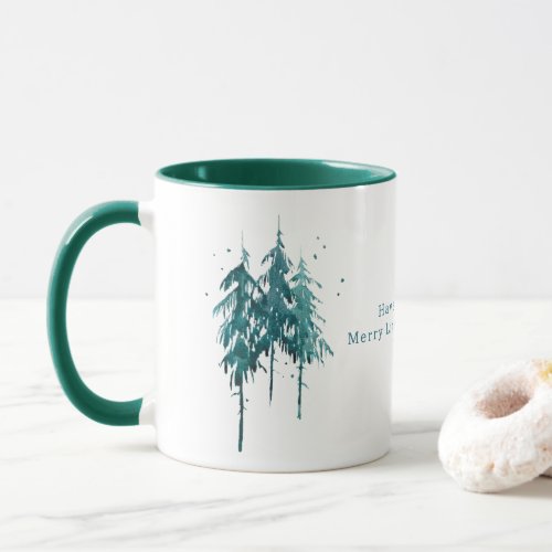 Simple Blue_Green Watercolor Pine Trees Christmas Mug