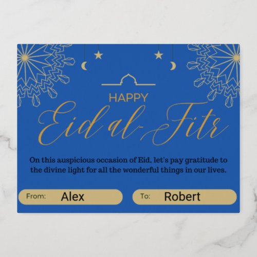 Simple blue happy eid al fitri foil holiday postcard