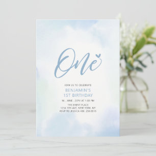 Simple Blue Heart One 1st Boy Birthday Party Invitation