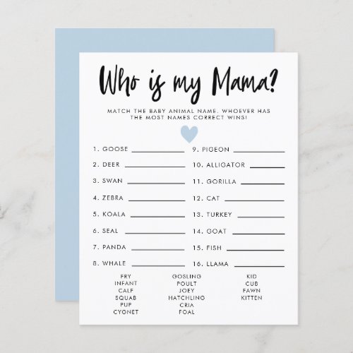 Simple Blue Heart Who Is My Mama Baby Shower Game