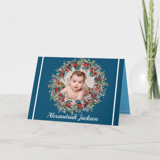 Simple Blue holiday family photo elegant wreath Card (Front)