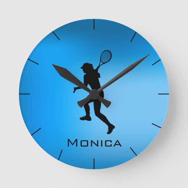 Simple Blue Holographic Modern Tennis Player Girl Round Clock (Front)