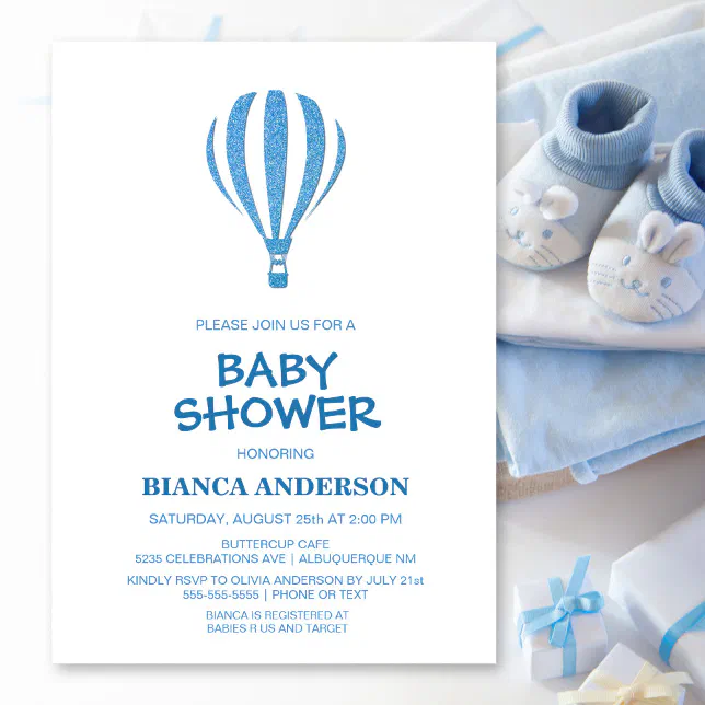 Simple Blue Hot Air Balloon Baby Shower Invitation | Zazzle