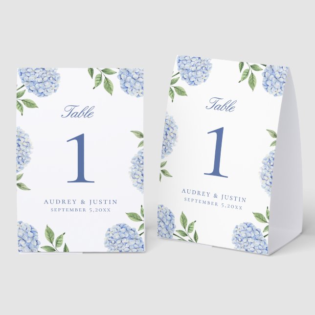 Simple Blue Hydrangea Flower Table Number Paper Table Tent (Front/Back)