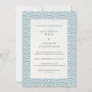 Simple Blue Japanese Seigaiha Wave Pattern Wedding Invitation