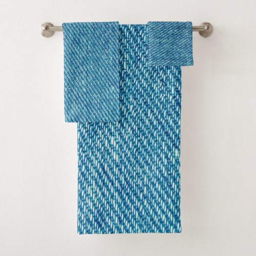 Simple Blue Jeans Denim Textile Texture  Bath Towel Set