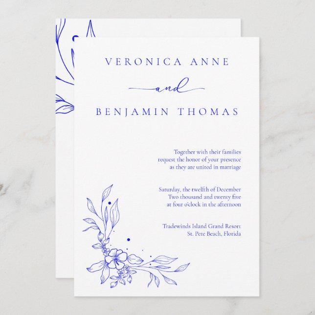 Simple Blue Jewel Tone Wedding Invitation (Front/Back)