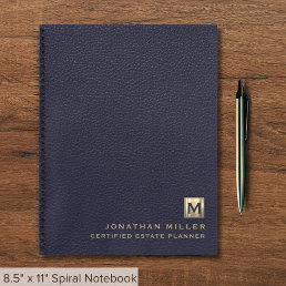 Simple Blue Leather Elegant Gold Monogram Notebook