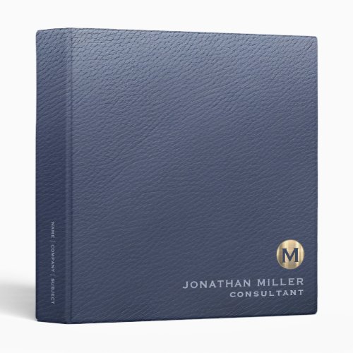 Simple Blue Leather Print Gold Monogram 3 Ring Binder