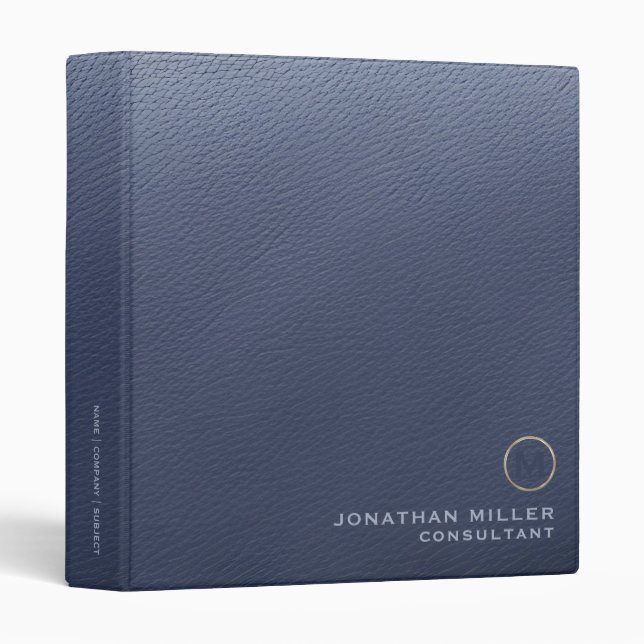 Simple Blue Leather Print Gold Monogram 3 Ring Binder (Front/Spine)