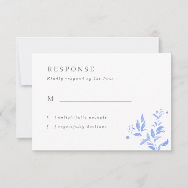 Simple Blue Leaves Wedding RSVP Card (Front)