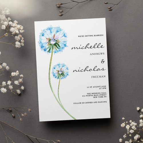 Simple blue lilac green dandelion floral wedding invitation