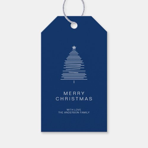 Simple Blue Line Art Merry Christmas Tree Gift Tags