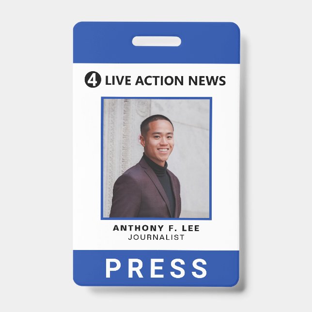 Simple Blue Logo Press Employee Photo ID Badge (Front)
