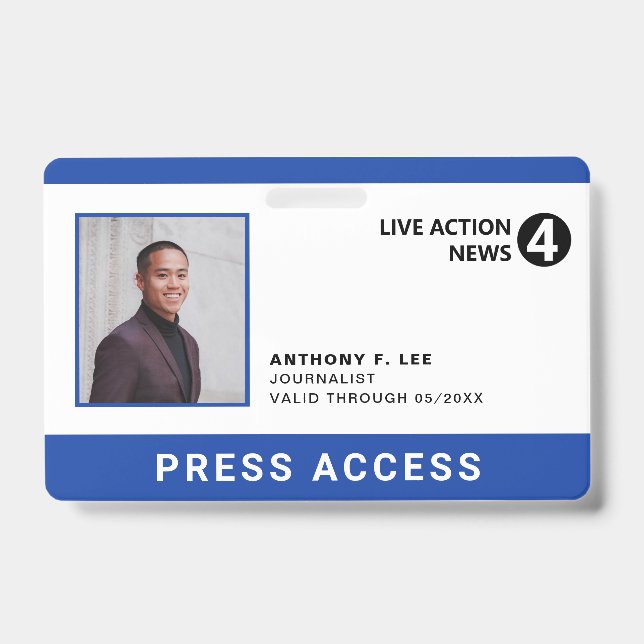 Simple Blue Logo Press Employee Photo ID Badge (Front)