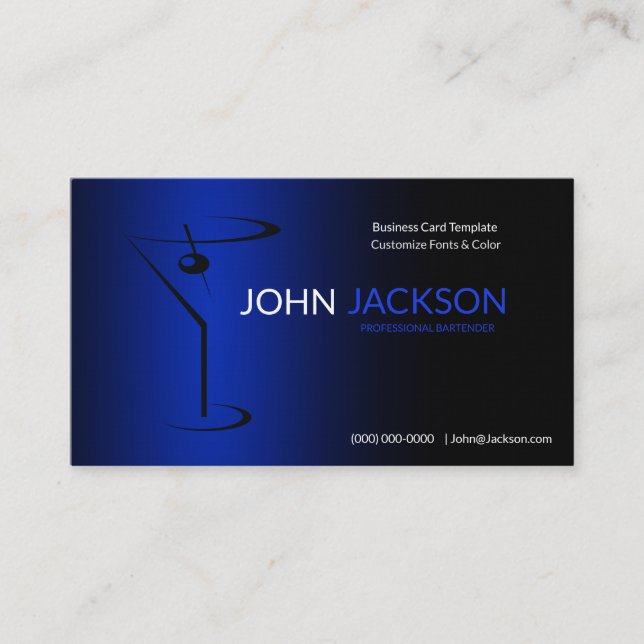 Simple Blue Martini Bartender Template Business Card (Front)