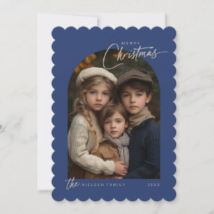Simple Blue Merry Christmas Script Photo Scalloped Holiday Card