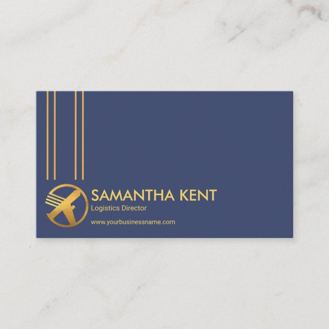Simple Blue Minimalist Gold Lines Logistics Business Card (Front)