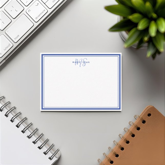 Simple Blue Minimalist Monogram Two Border Note Card (Creator Uploaded)