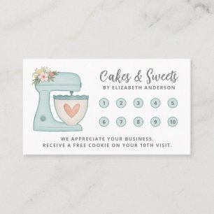 Simple Blue Mixer Floral Cake Bakery Business Loyalty Card