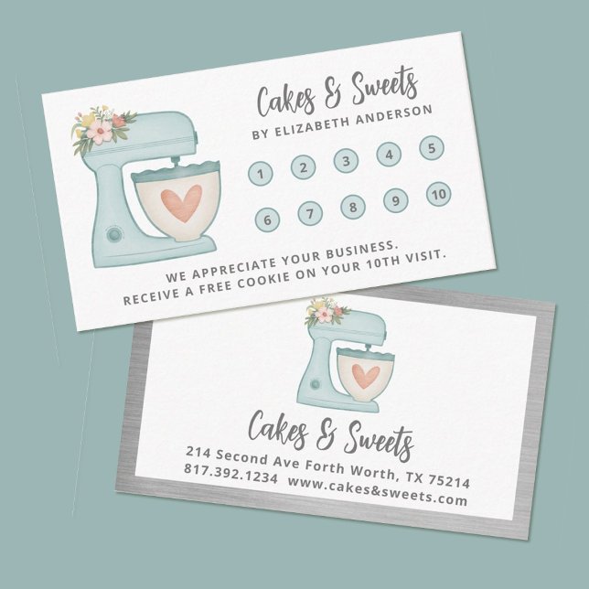 Simple Blue Mixer Floral Cake Bakery Business Loyalty Card (A pretty blue kitchen mixer decorates this business loyalty card, Perfect for a bakery!)