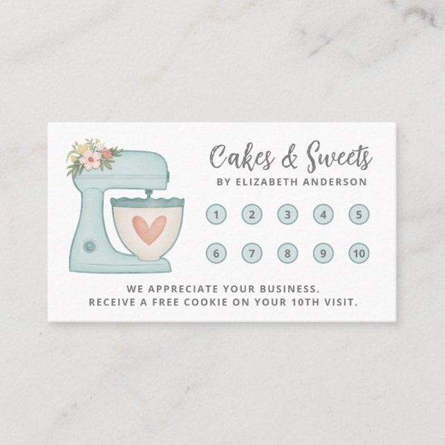 Simple Blue Mixer Floral Cake Bakery Business Loyalty Card (Front)