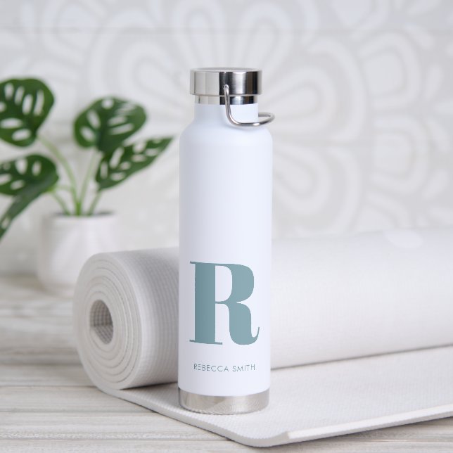 Simple Blue Modern Monogram Water Bottle (Yoga)