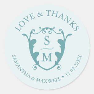Simple Blue Monogram Crest Thank You Wedding Classic Round Sticker