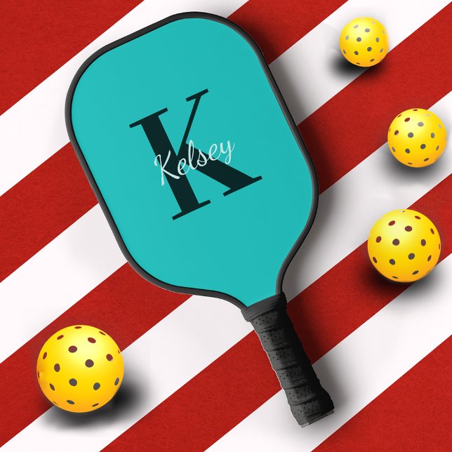 Simple Blue Monogram Initial + Name Pickleball Paddle (Creator Uploaded)