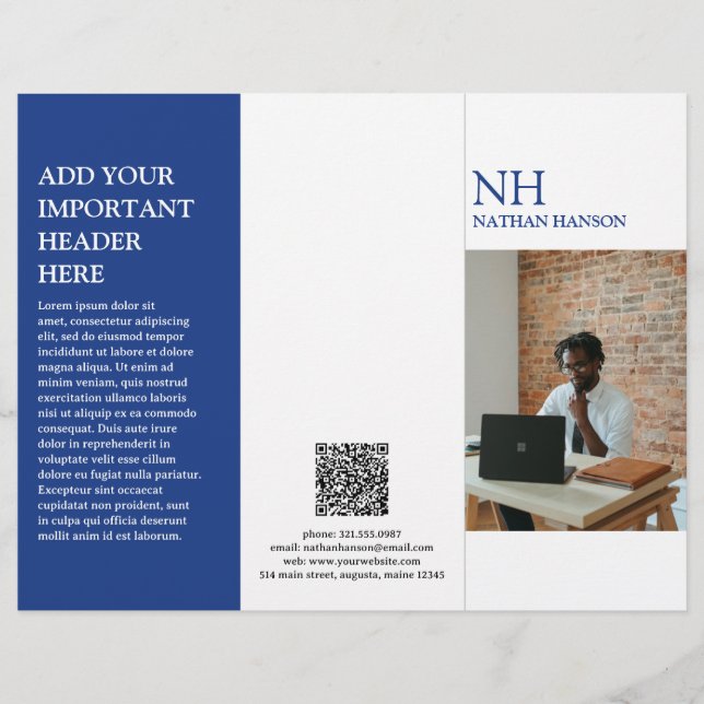 Simple Blue Monogram Modern Brochure (Front)