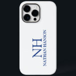Simple Blue Monogram Modern Case-Mate iPhone 14 Pro Max Case<br><div class="desc">Modern phone case featuring a simple and minimal blue and white design with your monogram in a bold font along with your name.</div>