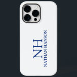 Simple Blue Monogram Modern Case-Mate iPhone 14 Pro Max Case<br><div class="desc">Modern phone case featuring a simple and minimal blue and white design with your monogram in a bold font along with your name.</div>