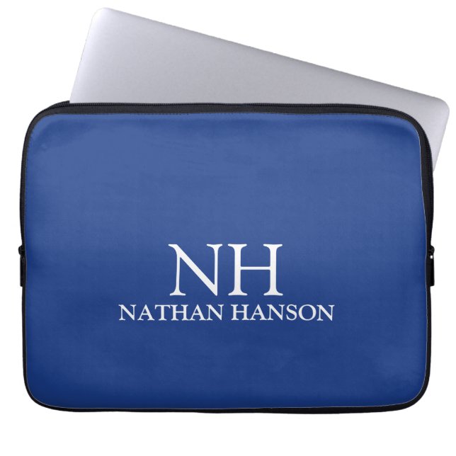 Simple Blue Monogram Modern Laptop Sleeve (Front)