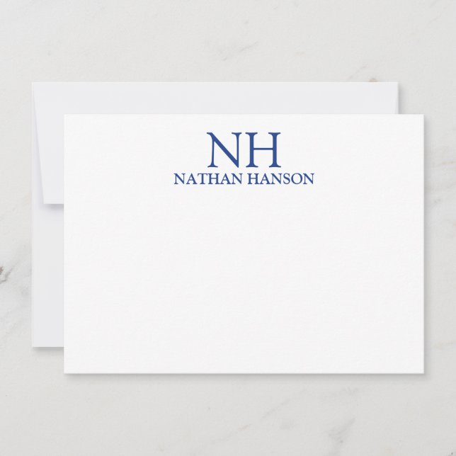 Simple Blue Monogram Modern Note Card (Front)