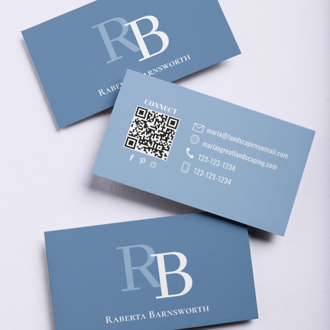 Simple Blue Monogram QR Code | Connect with Me Business Card (Blue and white style business card template with simple monogram.)