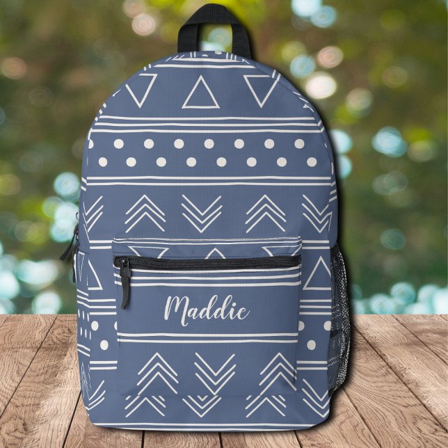 Simple Blue Mudcloth Monogram Name Printed Backpack (Creator Uploaded)