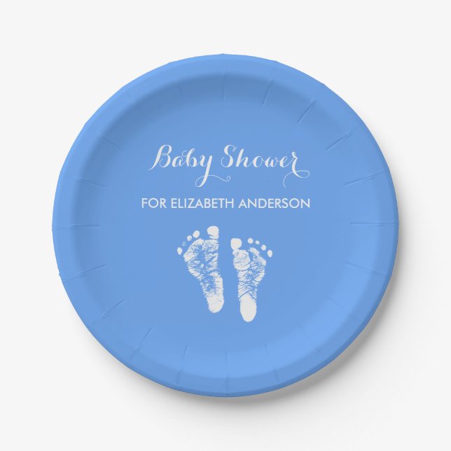 Simple Blue Newborn Footprints Boy Baby Shower Paper Plates (Front)