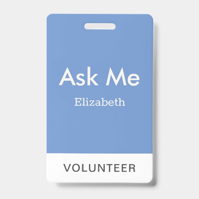 Simple Blue Personalized Volunteer Ask Me Badge (Front)