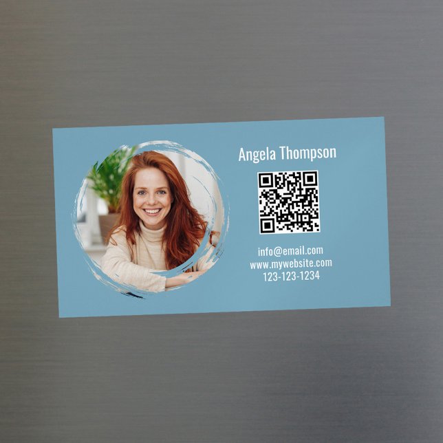 Simple Blue Photo Business Magnetic Card (Blue business card template with a scannable QR code.)