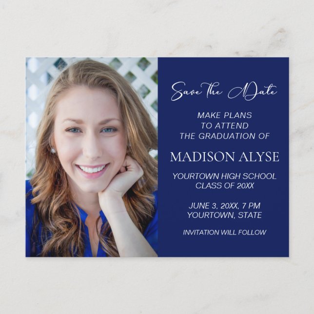 Simple Blue Photo Graduation Save the Date Announcement Postcard (Front)