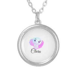 Simple blue pink baby elephant watercolor add name silver plated necklace