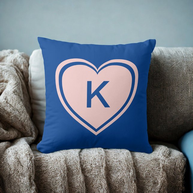 Simple Blue Pink Heart Monogram Valentine`s Day Throw Pillow (Creator Uploaded)