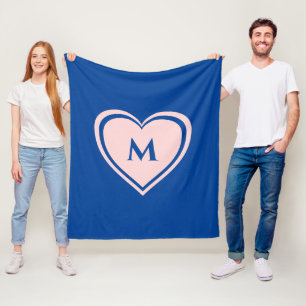 Simple Blue Pink Heart Monogram Valentine`s Fleece Blanket