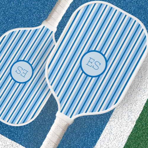 Simple blue preppy stripes monogrammed pickleball paddle