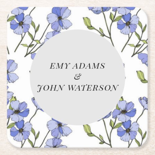 simple blue  purple florid  square paper coaster