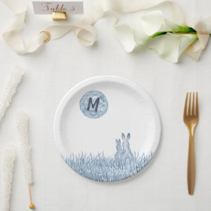 Simple Blue Rabbits, Moon Monogram Custom, Love Paper Plates