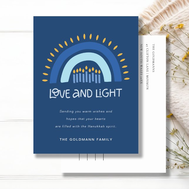 Simple Blue Rainbow Candles Love & Light Hanukkah Holiday Postcard (Creator Uploaded)