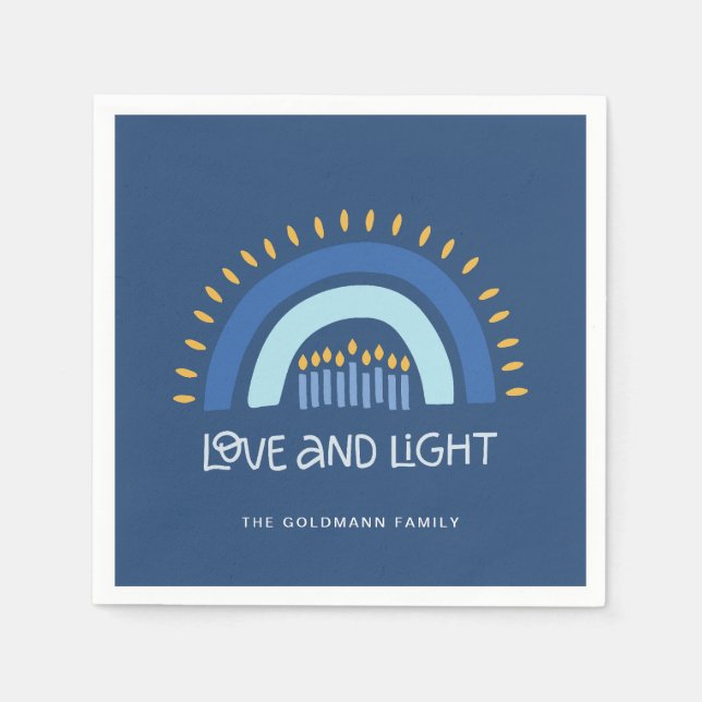 Simple Blue Rainbow Candles Love & Light Hanukkah Napkins (Front)